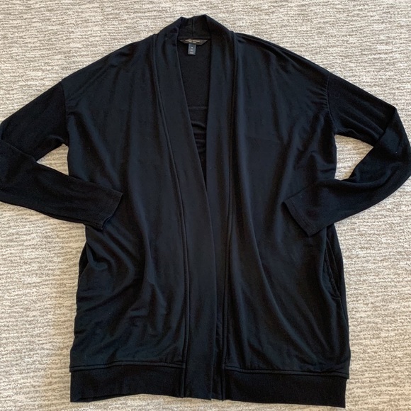 Banana Republic Baby Terry Long Cardigan Womens Size M Black Ribbed Knit Duster - Picture 11 of 16